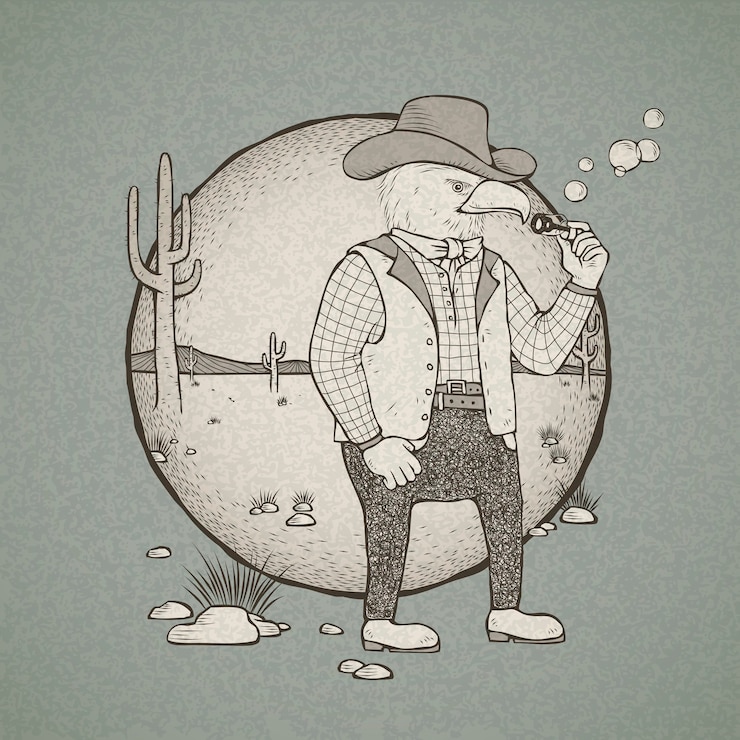 Vetor ilustração de águia cowboy estilo retro desenhada à mão