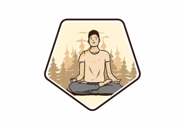 Ilustração de alguém fazendo ioga e meditando ao ar livre em uma floresta na natureza entre pinheiros