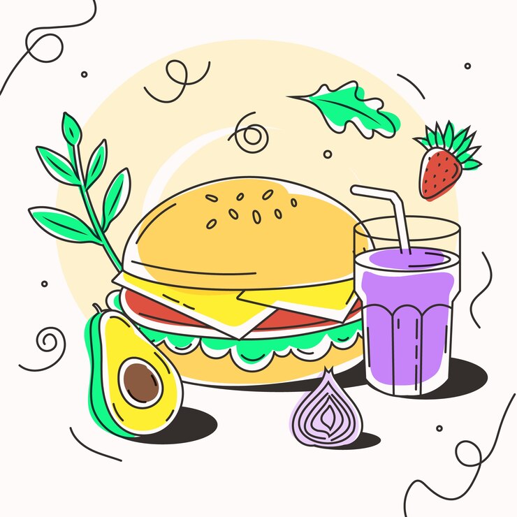 Vetor ilustração de alimentos e bebidas desenhada à mão