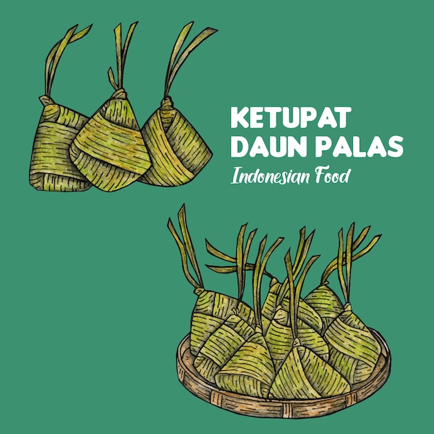 Ilustração de alimentos tradicionais indonésios Ketupat Daun Palas