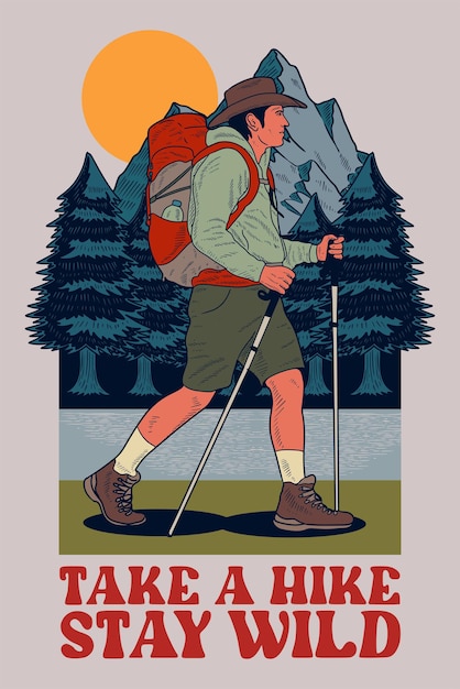 Ilustração de alpinistas ou caminhantes para desenho de serigrafia