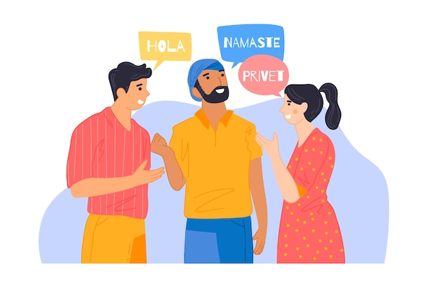 Ilustração de amigos conversando em diferentes idiomas