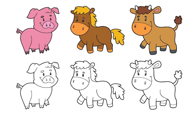 Ilustração de animais de fazenda e variantes de páginas para colorir