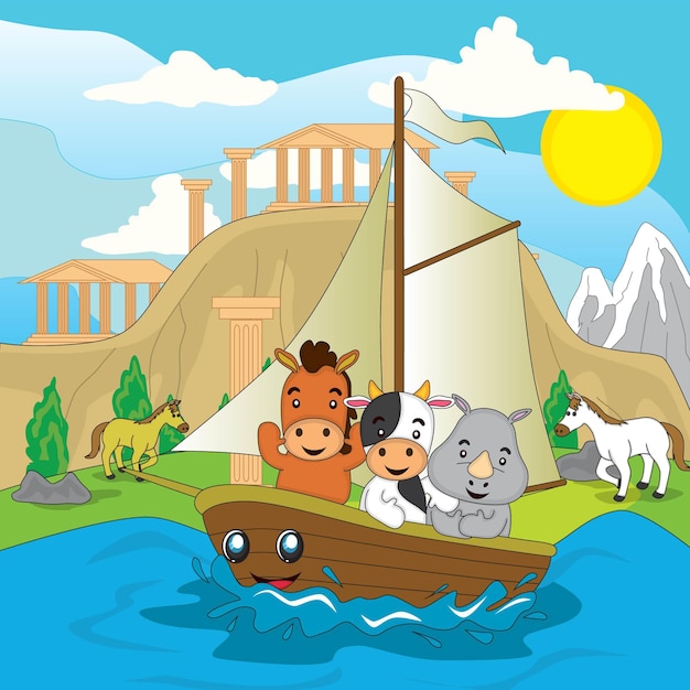Ilustração de animais fofos, cavalo, vaca e rinoceronte navegando no rio com vista para o templo grego, vetor