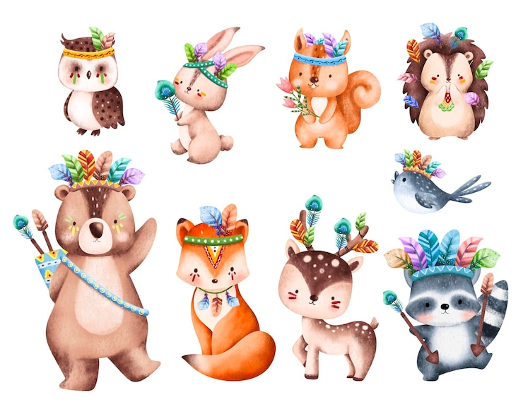 Vetor ilustração de animais tribais da floresta bonito em aquarela