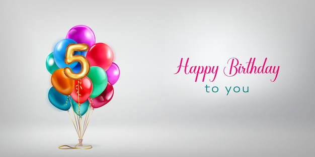 Vetor ilustração de aniversário festiva com um monte de balões de hélio coloridos balões de papel de alumínio dourado na forma do número 55 e letras feliz aniversário para você em fundo branco