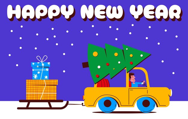 Ilustração de ano novo em estilo plano um personagem de um homem está dirigindo um carro há uma árvore de natal