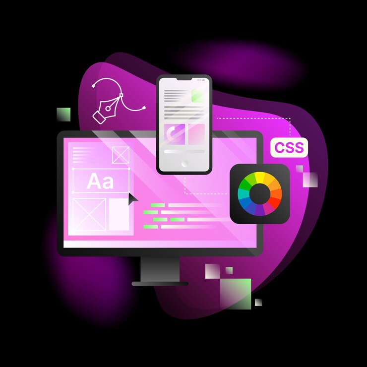 Vetor ilustração de aplicativo de design desktop de computador rosa com ferramentas de edição on-line