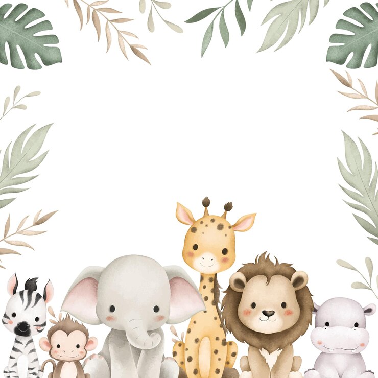 Vetor ilustração de aquarela animais de safári e folhas tropicais fronteira