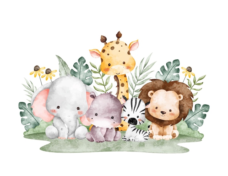 Vetor ilustração de aquarela animais de safári e folhas tropicais