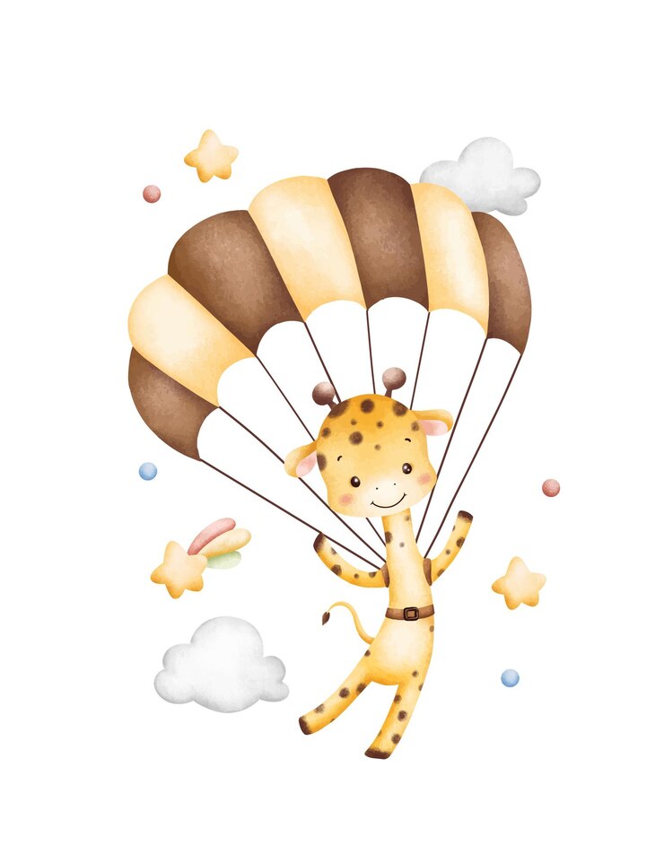 Vetor ilustração de aquarela bebê girafa voando com pára-quedas
