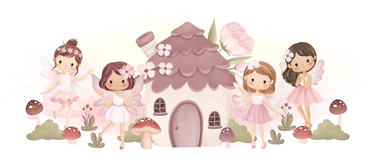 Vetor ilustração de aquarela bela fada e casa de fada no jardim com flores rosas