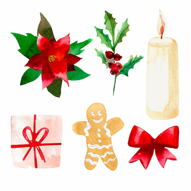 Ilustração de aquarela conjunto de natal vela poinsétia bagas de presente biscoitos e laço vermelho