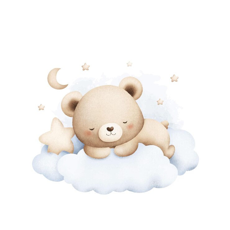 Vetor ilustração de aquarela cute baby teddy bear dorme em nuvens com lua e estrelas