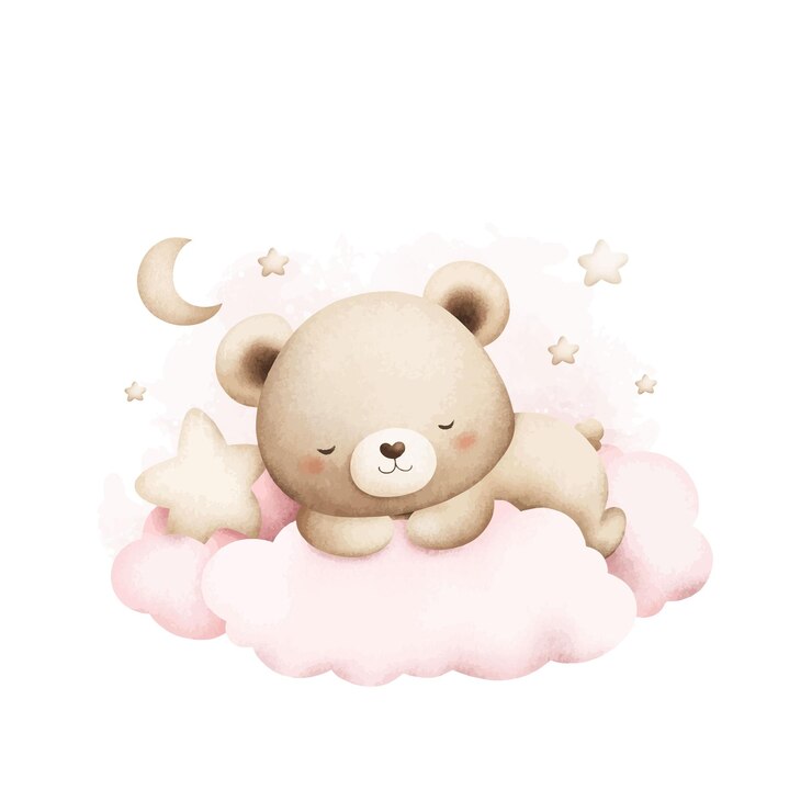 Vetor ilustração de aquarela cute baby teddy bear dorme em nuvens com lua e estrelas