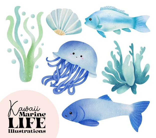 ilustração de aquarela da vida marinha kawaii