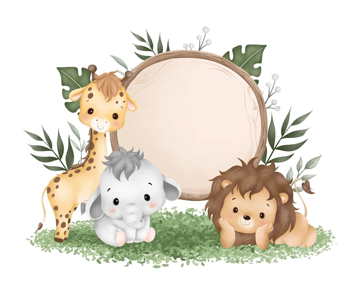 Vetor ilustração de aquarela de madeira com bonitos bebês animais de safari sentados em grama verde e folhas