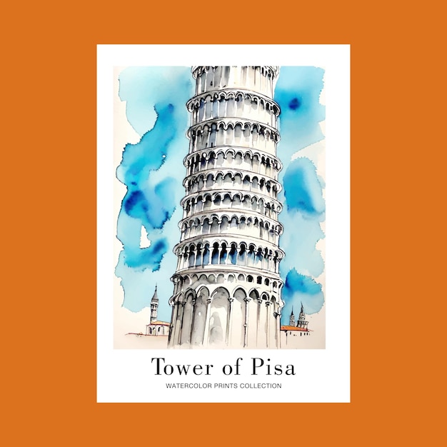 Ilustração de aquarela de viagem da Torre de Pisa