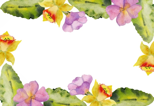 Ilustração de aquarela desenhada à mão jardim de primavera leito de flores folhas botões natureza flor horizontal