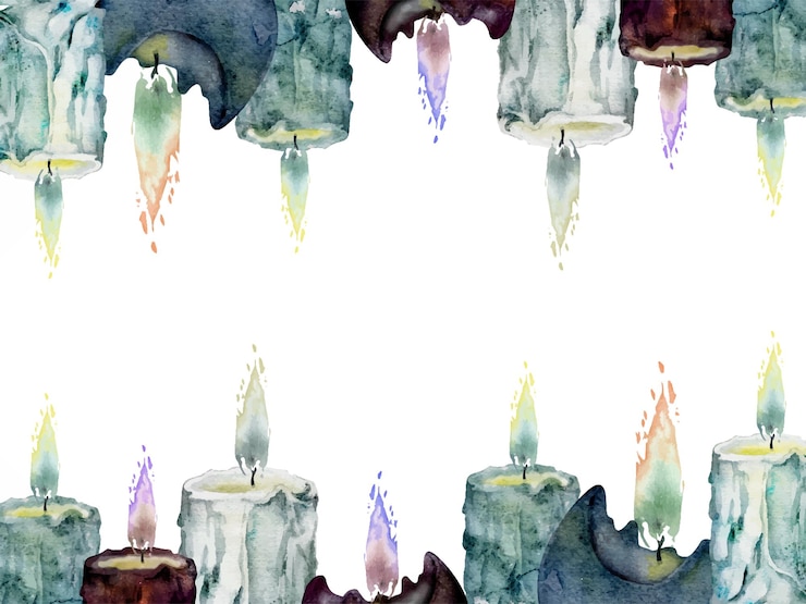 Vetor ilustração de aquarela desenhada à mão objetos de altar de bruxa marinha pilar e bola ardentes velas votivas com chama azul roxo quadro horizontal isolado em fundo branco design para magia de impressora