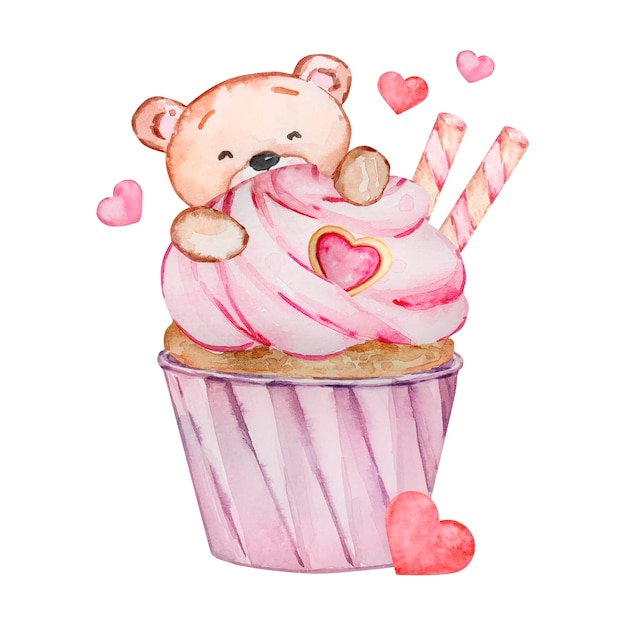 Ilustração de aquarela fofo ursinho de pelúcia com cupcake