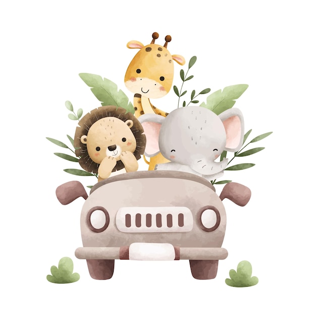 Ilustração de aquarela Safari Animais em carro