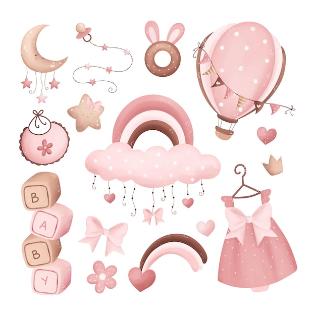 Ilustração de aquarela Set de vetores bonitos de tema clássico de creche para menina