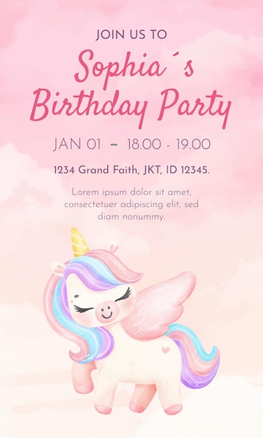 Ilustração de aquarela Unicórnio Animal Girl Desenho de modelo de cartão de festa de aniversário
