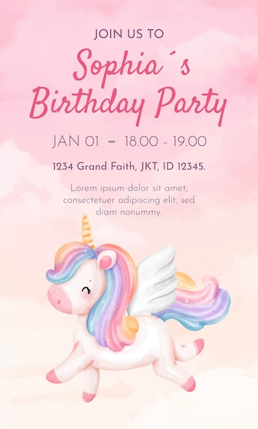 Ilustração de aquarela Unicórnio Animal Girl Desenho de modelo de cartão de festa de aniversário