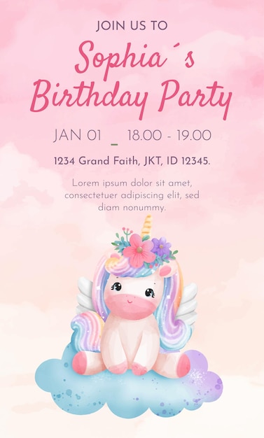 Ilustração de aquarela Unicórnio Animal Girl Desenho de modelo de cartão de festa de aniversário