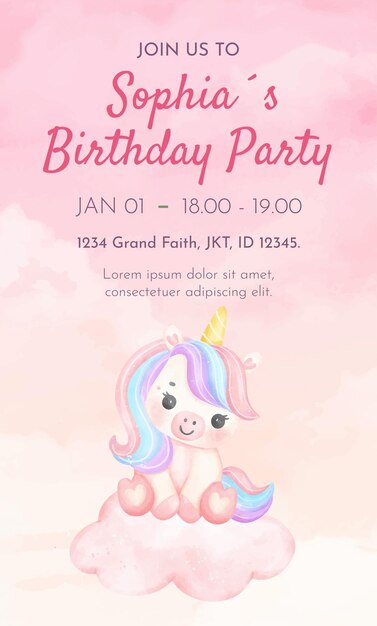 Ilustração de aquarela Unicórnio Animal Girl Desenho de modelo de cartão de festa de aniversário
