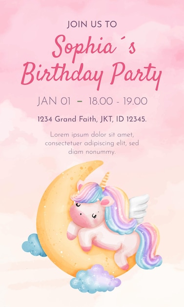 Ilustração de aquarela Unicórnio Animal Girl Desenho de modelo de cartão de festa de aniversário