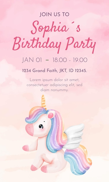 Ilustração de aquarela Unicórnio Animal Girl Desenho de modelo de cartão de festa de aniversário