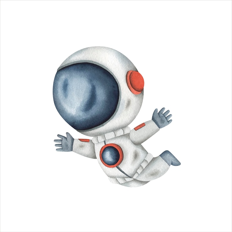 Vetor ilustração de aquarela vetorial espacial desenhada à mão com um pequeno astronauta bonito em um terno espacial e capacete