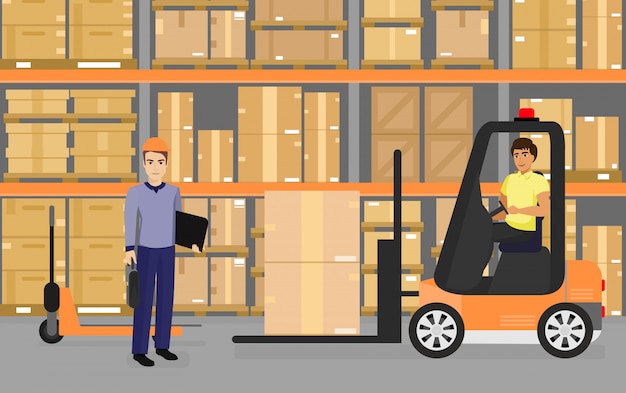Vetor ilustração de armazenamento, mercadorias e caixas nas prateleiras do armazém e equipe de trabalhadores, transporte e conceito de logística em estilo cartoon plana.