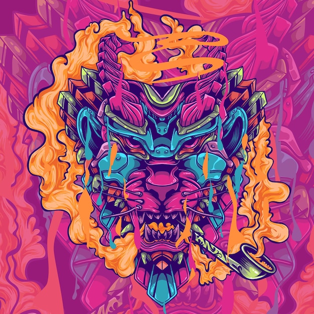 Ilustração de arte de cabeça de leão com fumaça