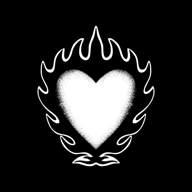 Ilustração de arte de coração flamejante desenhada à mão vetor preto e branco para tatuagem, adesivo, logotipo etc.