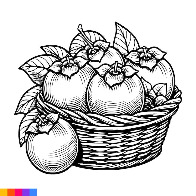 Ilustração de arte de linha de cesta de frutas para o livro de colorir Frutas página de colorir Gráficos vetoriais