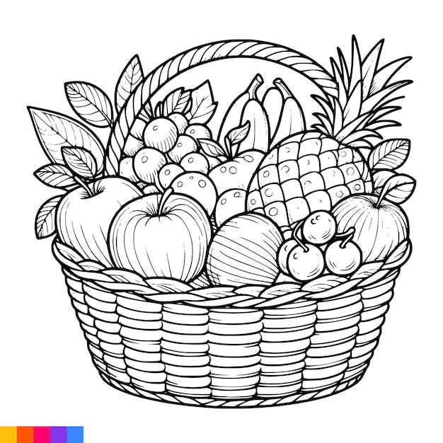 Vetor ilustração de arte de linha de cesta de frutas para o livro de colorir frutas página de colorir gráficos vetoriais