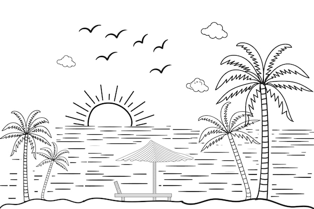 Ilustração de arte de linha de praia tropical pôr do sol de verão com  palmeira crianças desenhando página para colorir de praia
