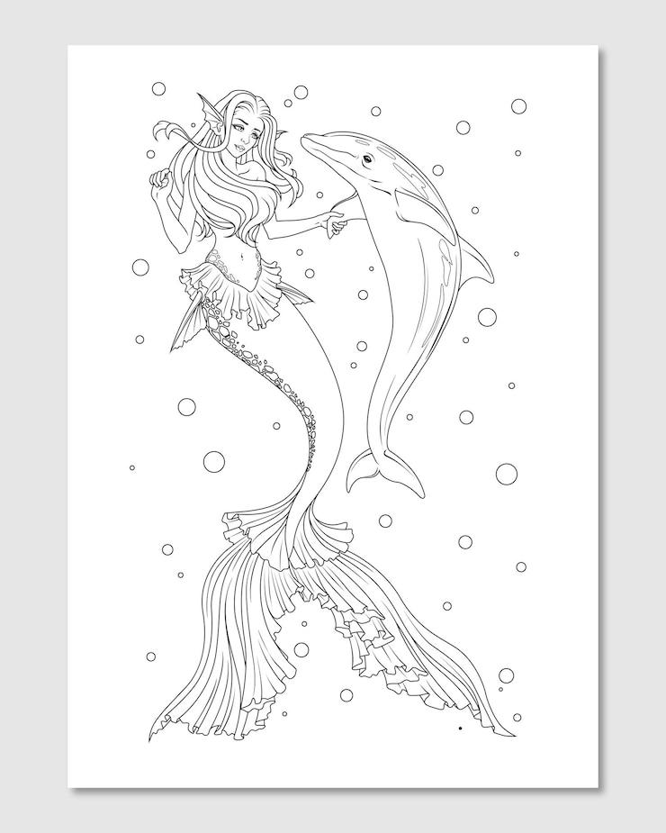 Ilustração de arte de linha sereia e o golfinho Doodle