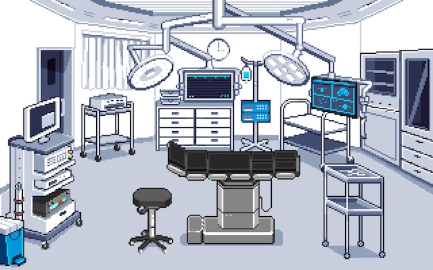 Vetor ilustração de arte de pixel hospital background laboratório pixelado hospital médico laboratório de fundo