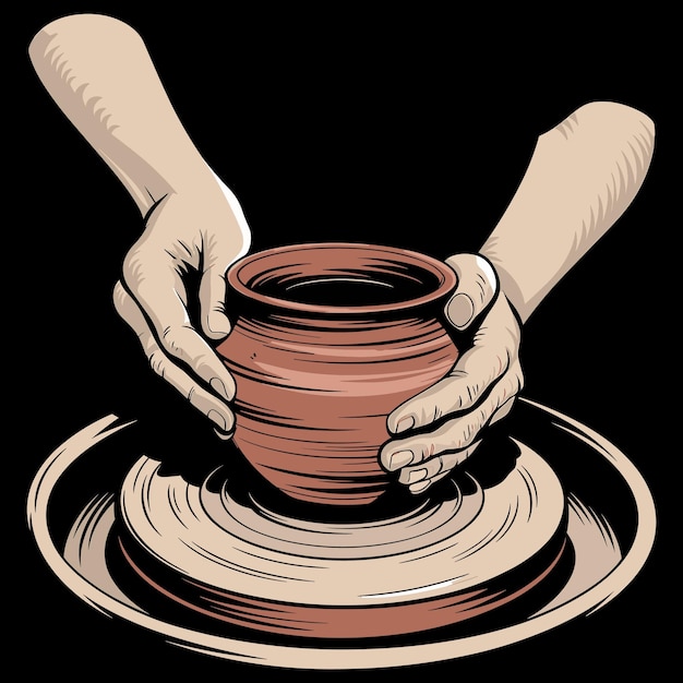 Ilustração de arte de roda de cerâmica com mãos artesanais de barro em fundo preto