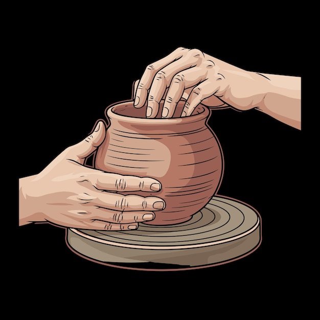 Ilustração de arte de roda de cerâmica com mãos artesanais de barro em fundo preto