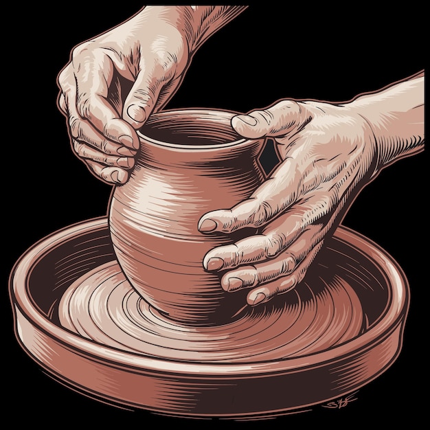 Ilustração de arte de roda de cerâmica com mãos artesanais de barro em fundo preto