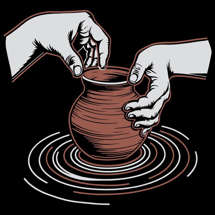 Ilustração de arte de roda de cerâmica com mãos artesanais de barro em fundo preto