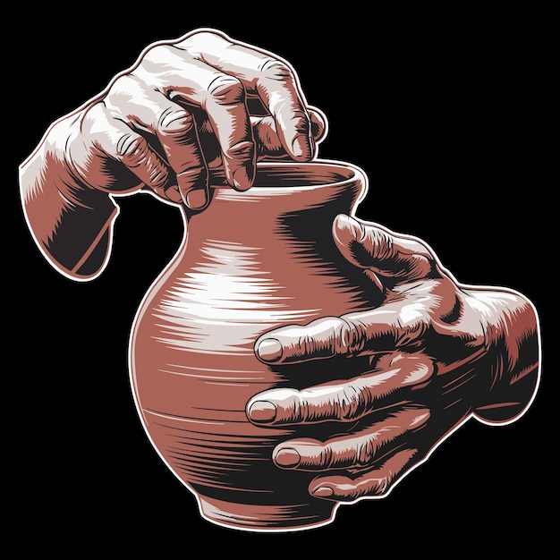 Ilustração de arte de roda de cerâmica com mãos artesanais de barro em fundo preto