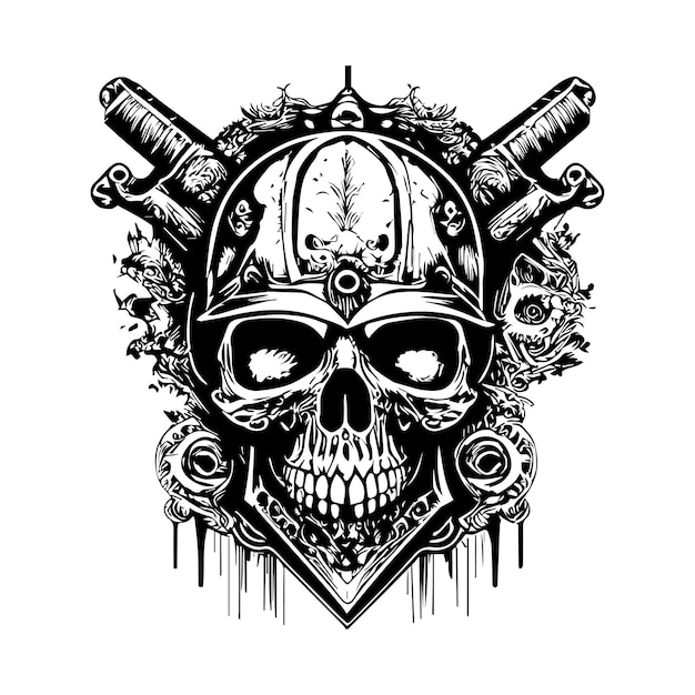 Ilustração de arte e design de camiseta caveira gravura ornamento de motocicleta