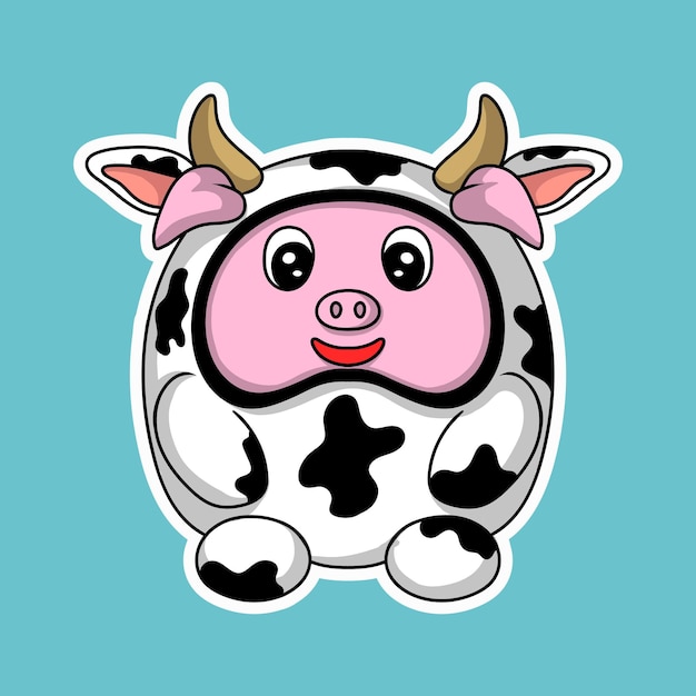 Ilustração de arte e design de camiseta porco fofo com personagem de fantasia de vaca para adesivo