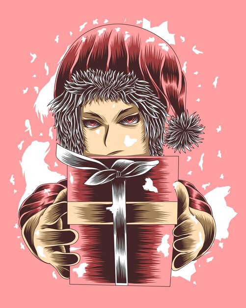 Ilustração de arte finala garota com fantasia de Papai Noel dá um vetor de caixa de presente